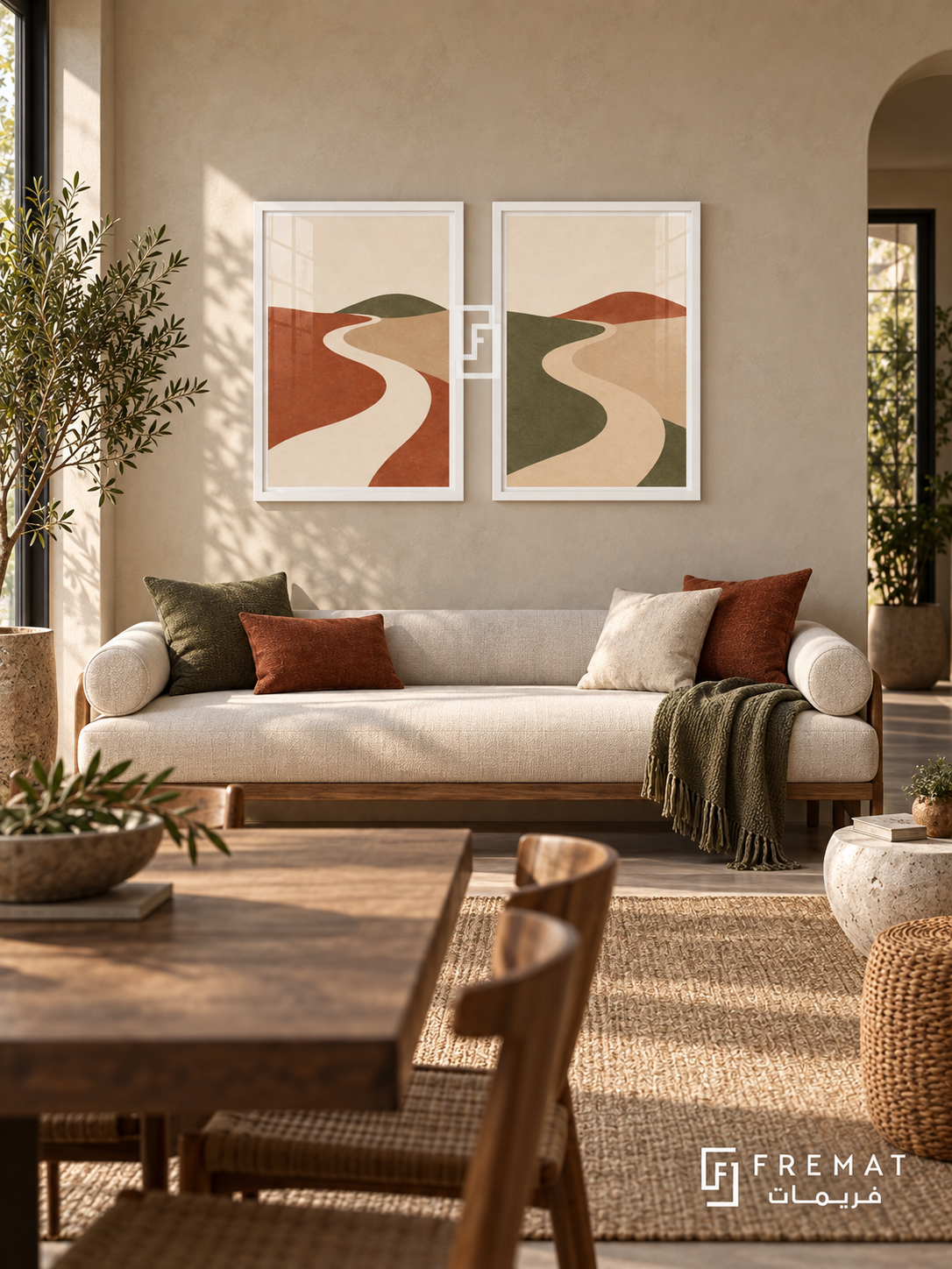 Shared Horizon — set of two boho artworks in White frames.