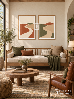 Shared Horizon — set of two boho artworks in Wooden Texture frames.