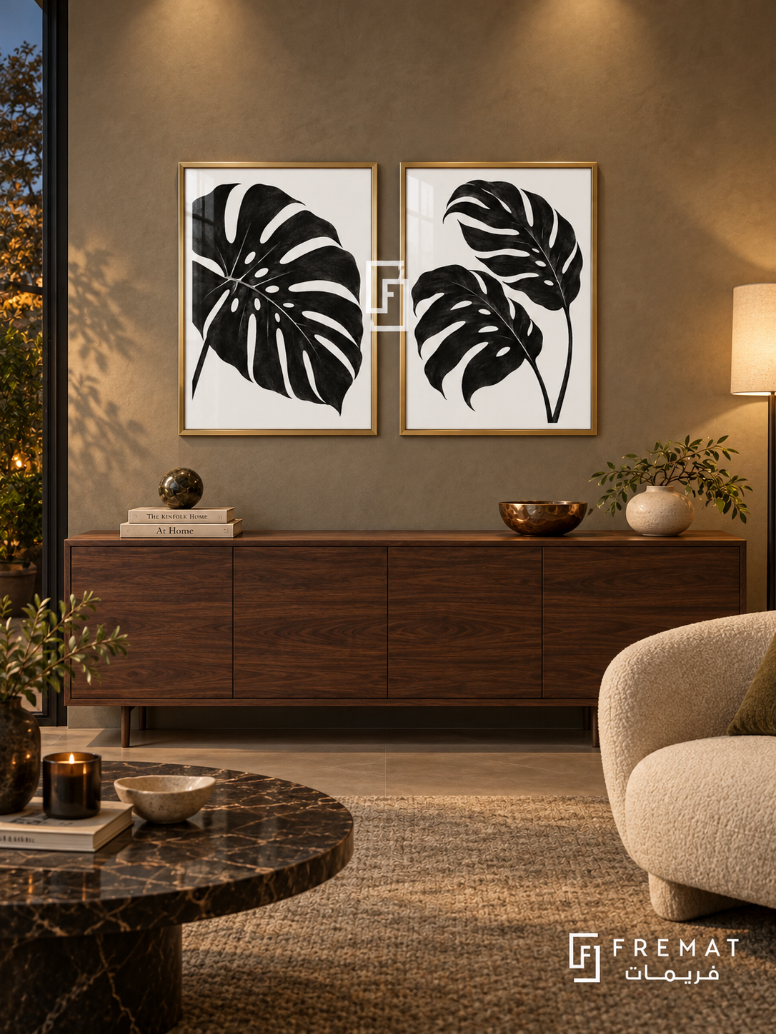Botanical Rhythm — set of two black-and-white artworks in Gold frames.