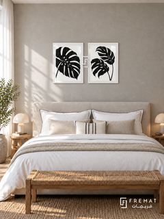 Botanical Rhythm — set of two black-and-white artworks in White frames.