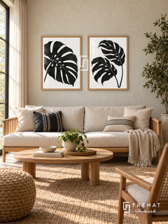 Botanical Rhythm — set of two black-and-white artworks in Wooden Texture frames.