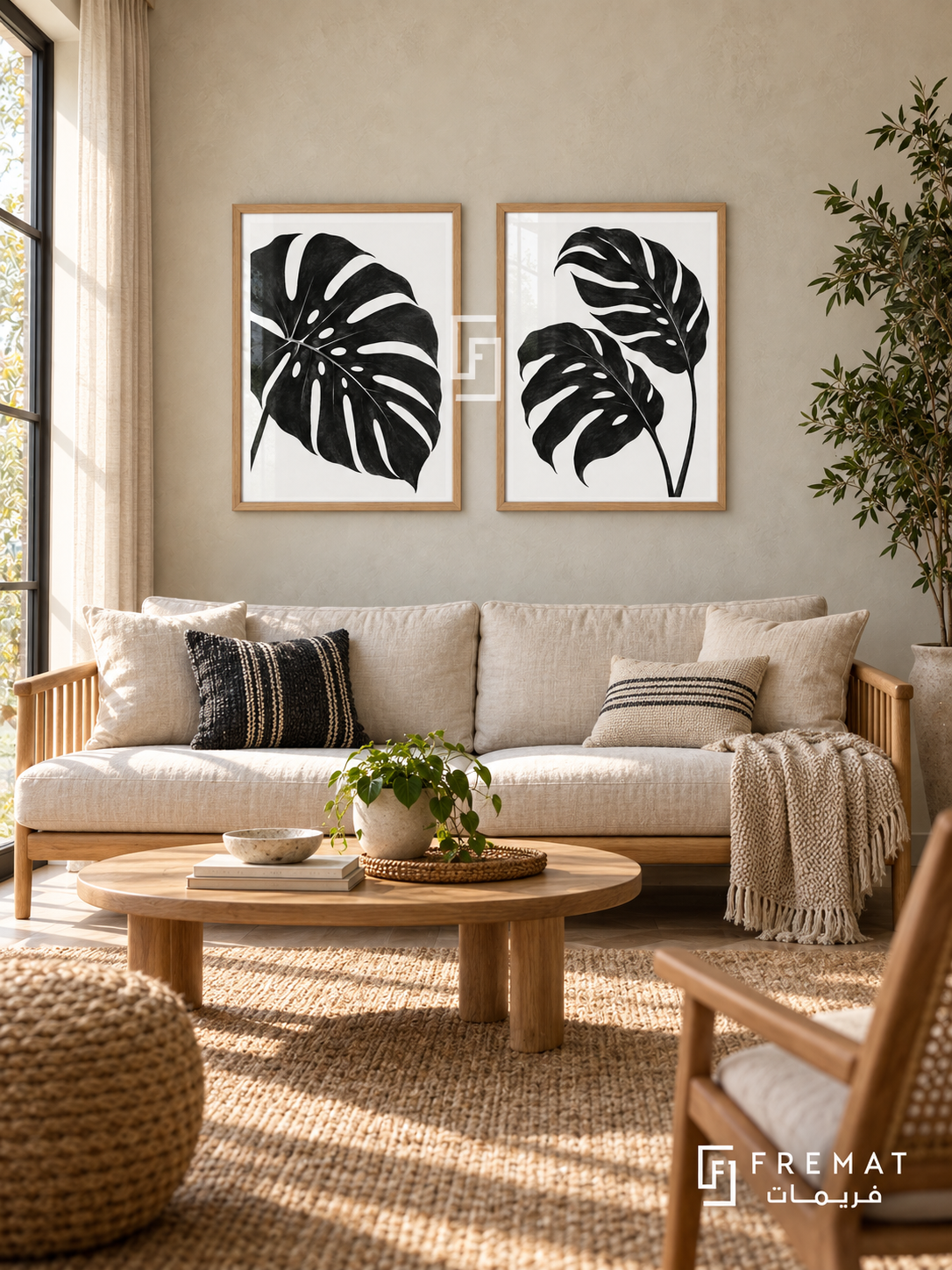Botanical Rhythm — set of two black-and-white artworks in Wooden Texture frames.