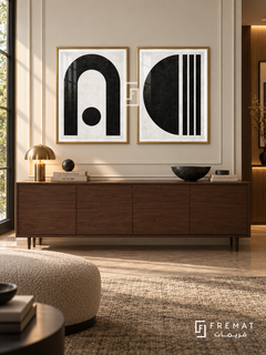 Arc Balance — set of two black-and-white artworks in Gold frames.