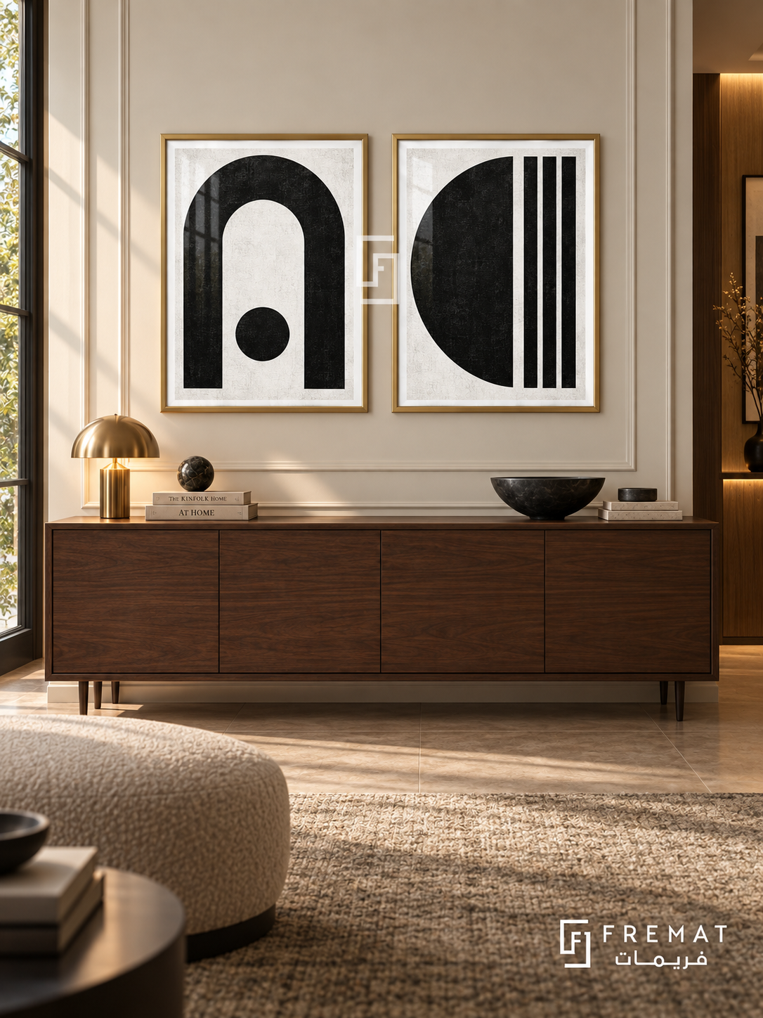 Arc Balance — set of two black-and-white artworks in Gold frames.