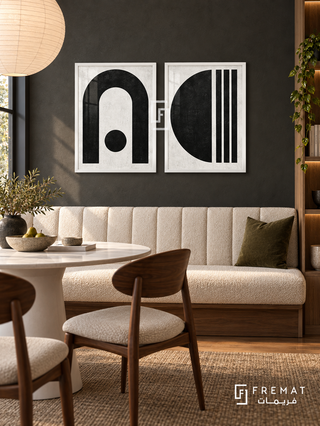 Arc Balance — set of two black-and-white artworks in White frames.