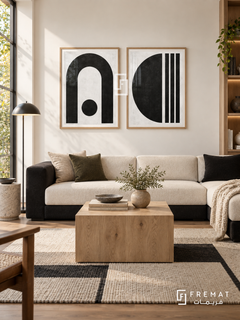 Arc Balance — set of two black-and-white artworks in Wooden Texture frames.