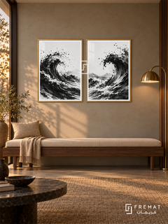 Ink Tide — set of two black-and-white artworks in Gold frames.