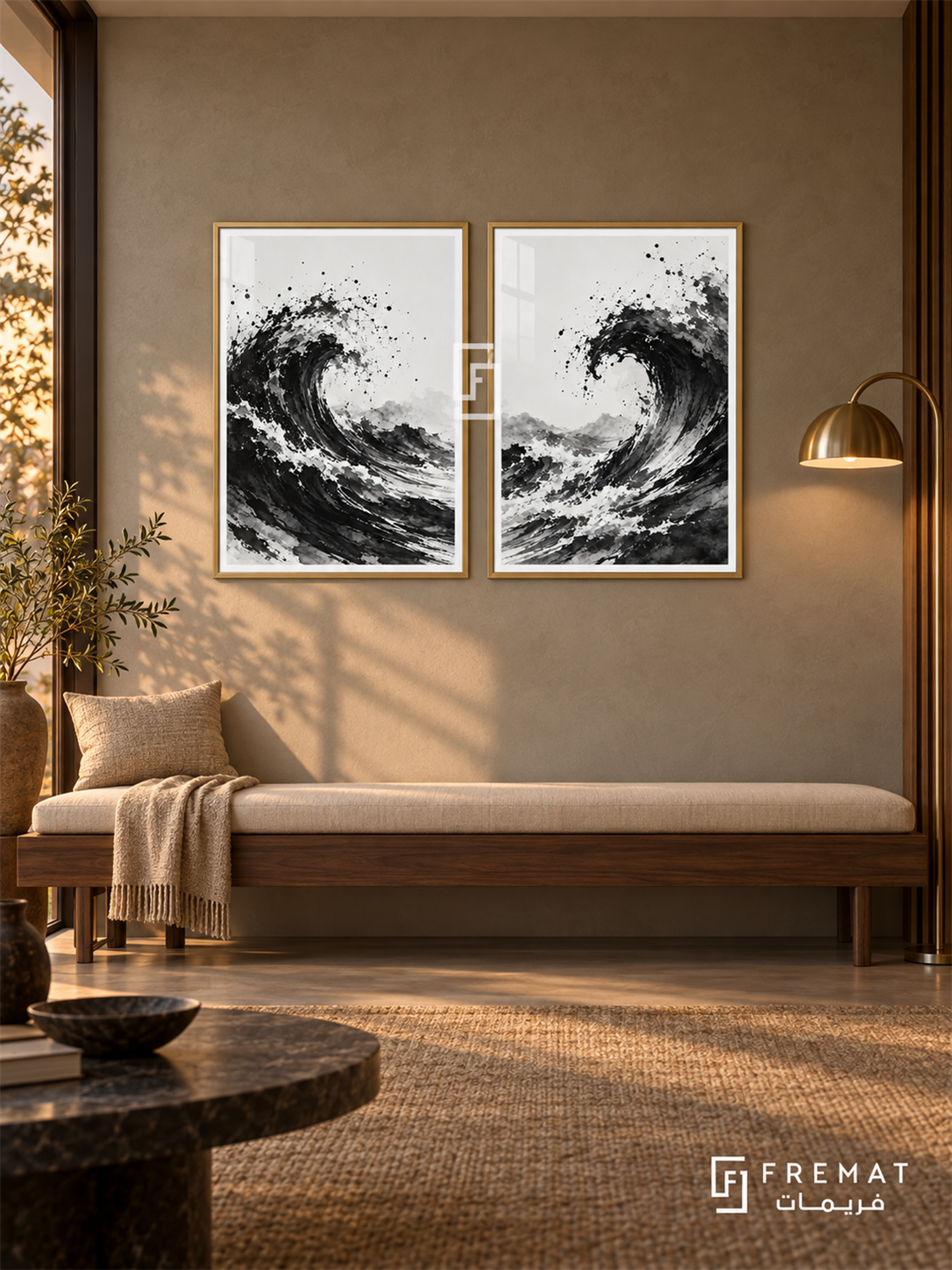 Ink Tide — set of two black-and-white artworks in Gold frames.