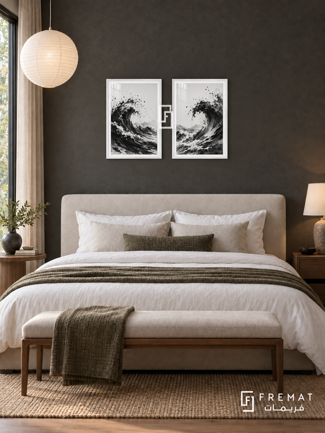 Ink Tide — set of two black-and-white artworks in White frames.