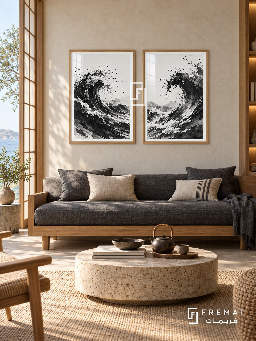 Ink Tide — set of two black-and-white artworks in Wooden Texture frames.
