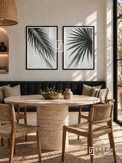 Palm Shadows — set of two black-and-white artworks in Black frames.