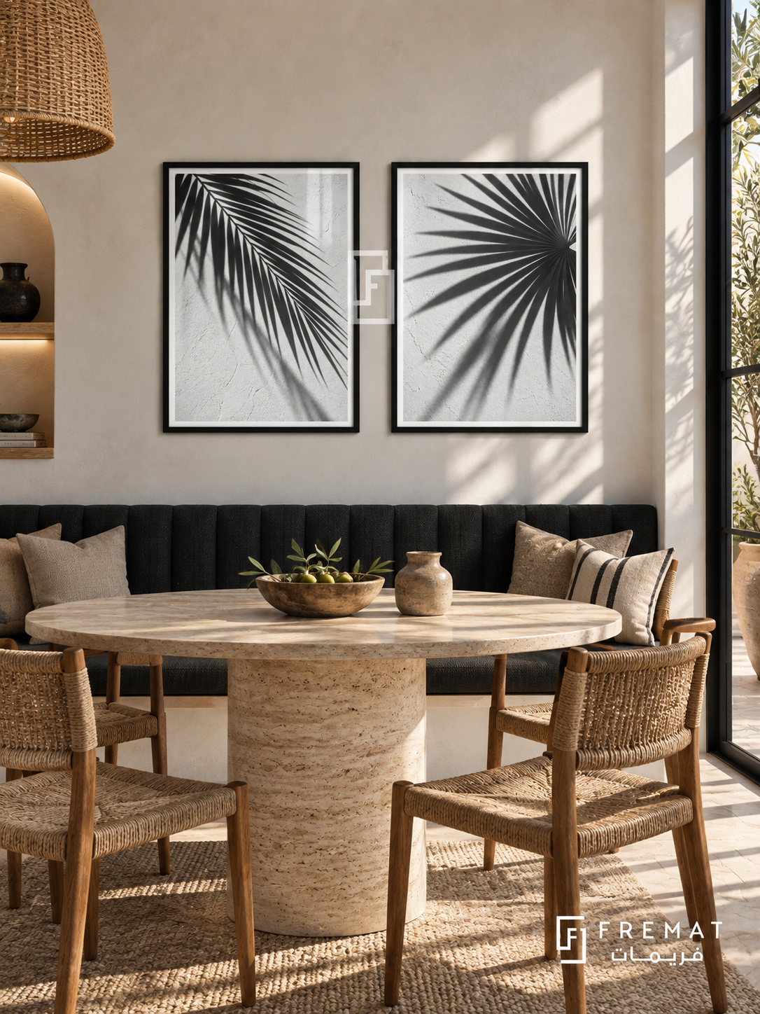 Palm Shadows — set of two black-and-white artworks in Black frames.
