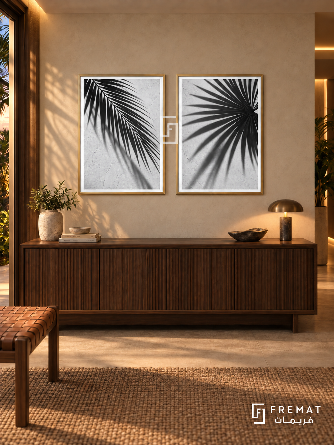 Palm Shadows — set of two black-and-white artworks in Gold frames.