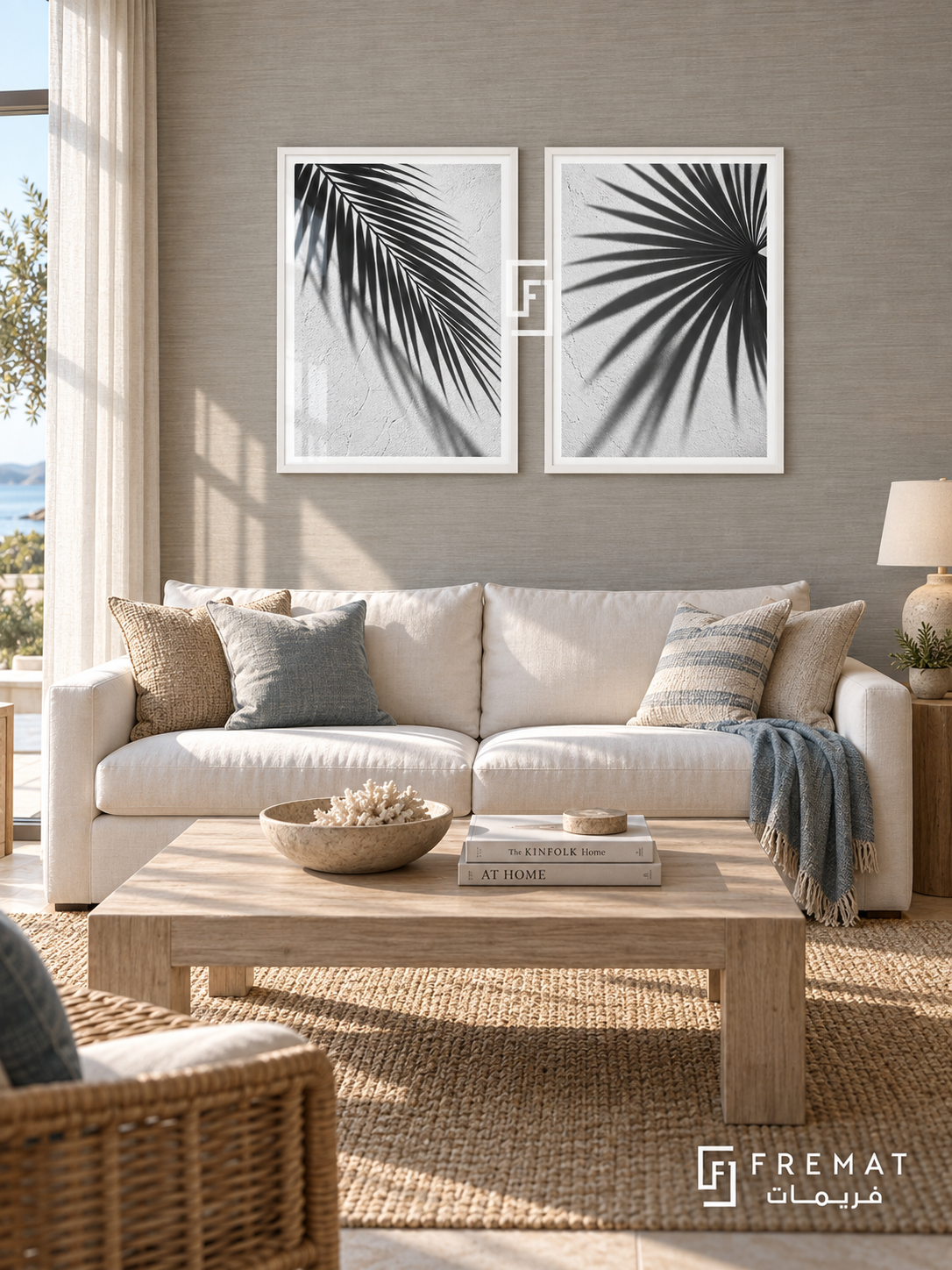 Palm Shadows — set of two black-and-white artworks in White frames.