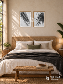 Palm Shadows — set of two black-and-white artworks in Wooden Texture frames.