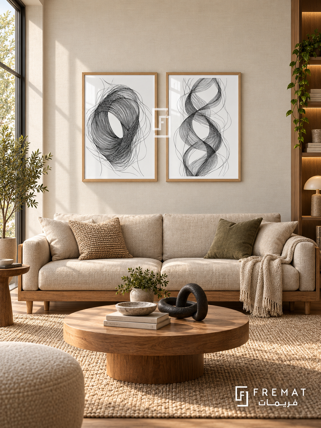 Woven Silence — set of two black-and-white artworks in Wooden Texture frames.