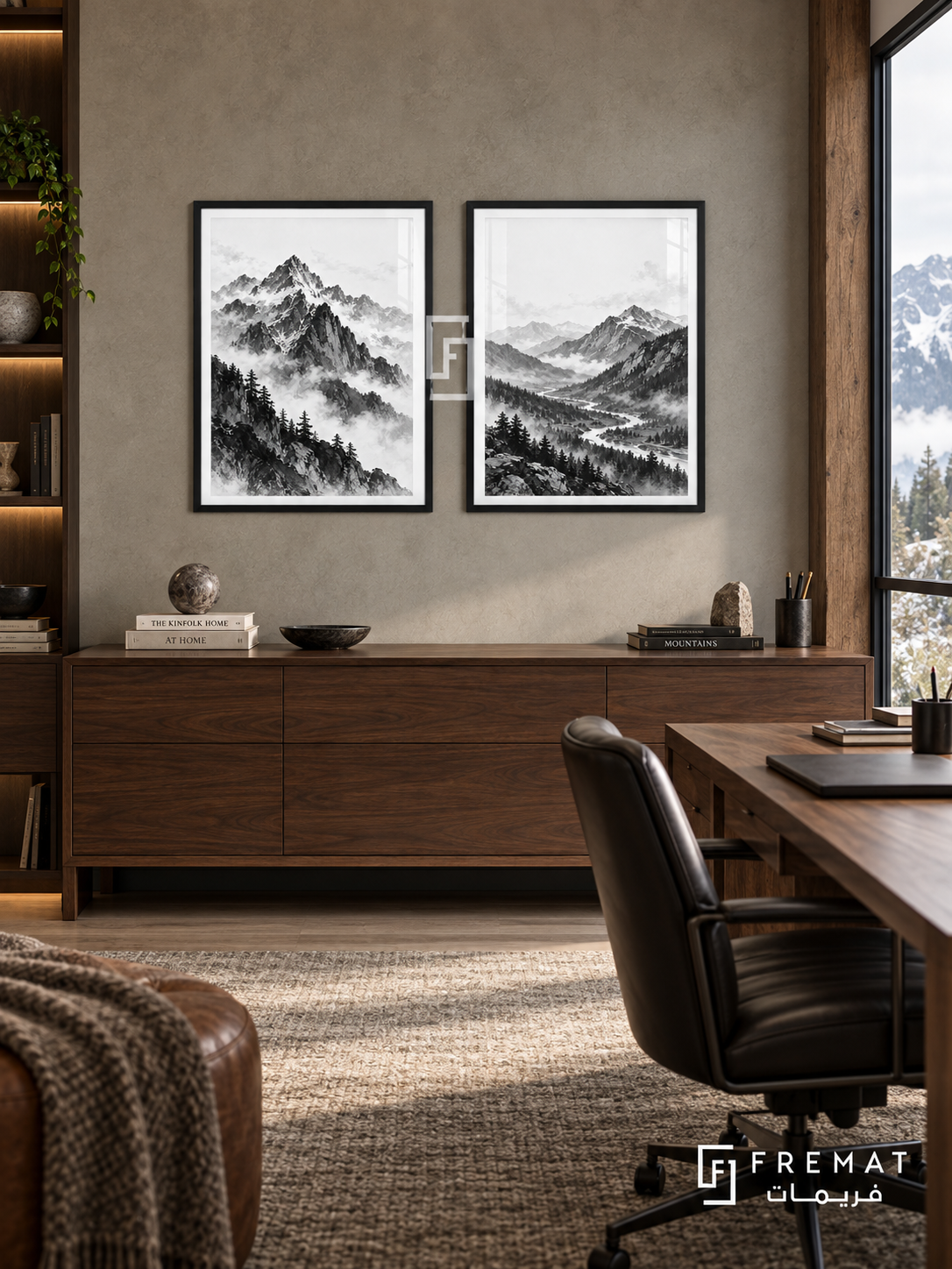 Mountain Echo — set of two black-and-white artworks in Black frames.