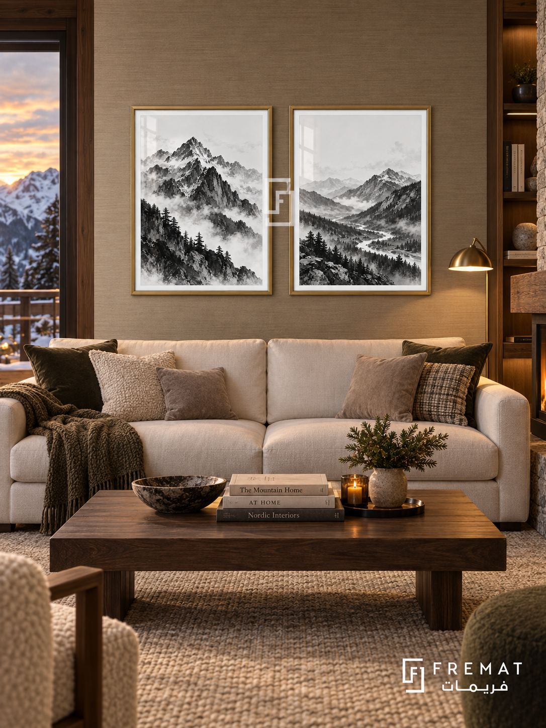 Mountain Echo — set of two black-and-white artworks in Gold frames.