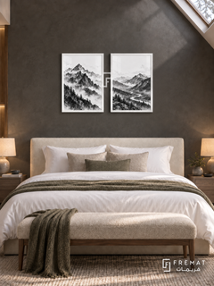 Mountain Echo — set of two black-and-white artworks in White frames.