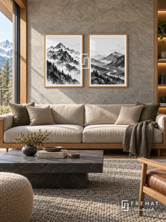 Mountain Echo — set of two black-and-white artworks in Wooden Texture frames.