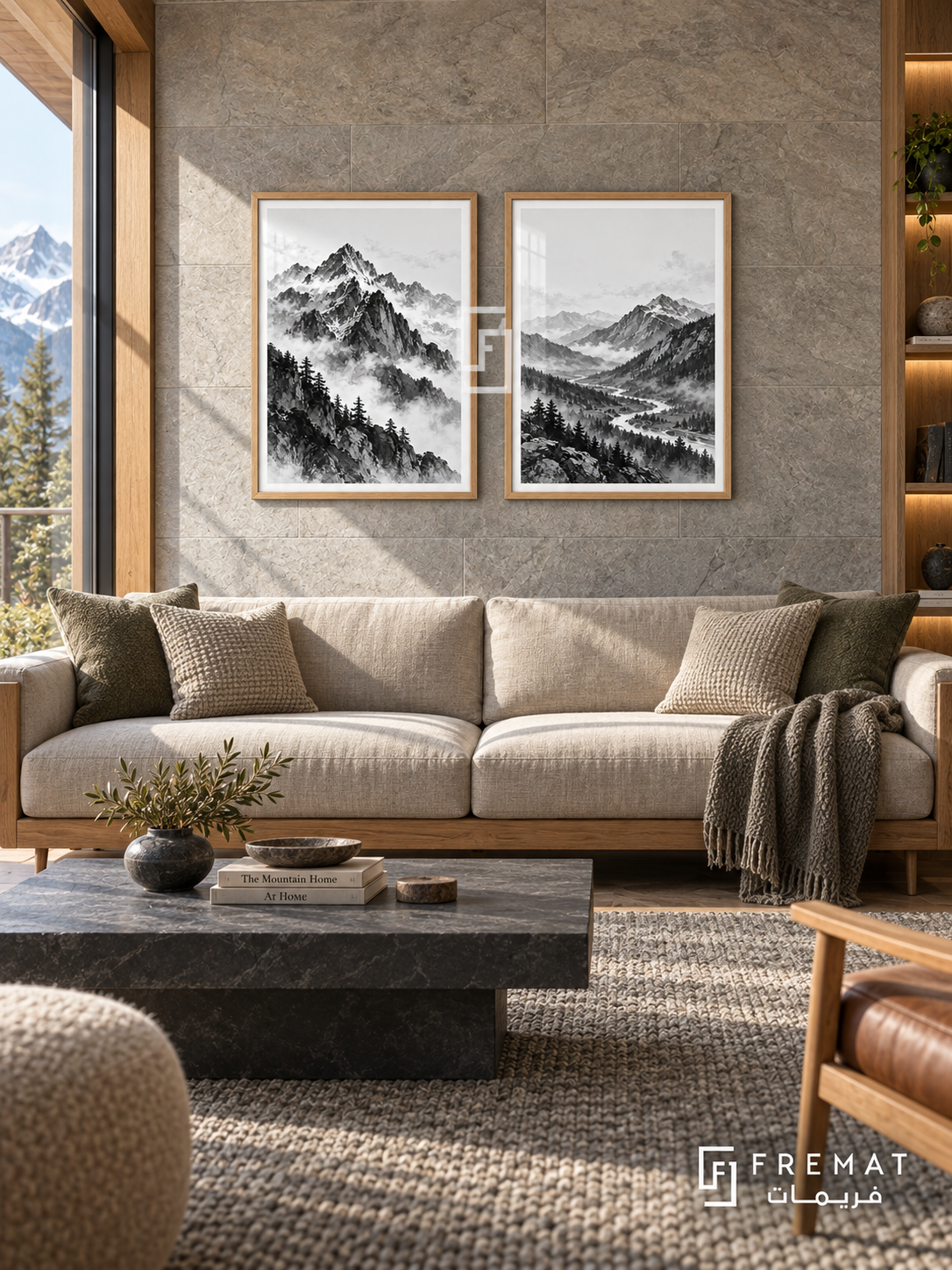 Mountain Echo — set of two black-and-white artworks in Wooden Texture frames.