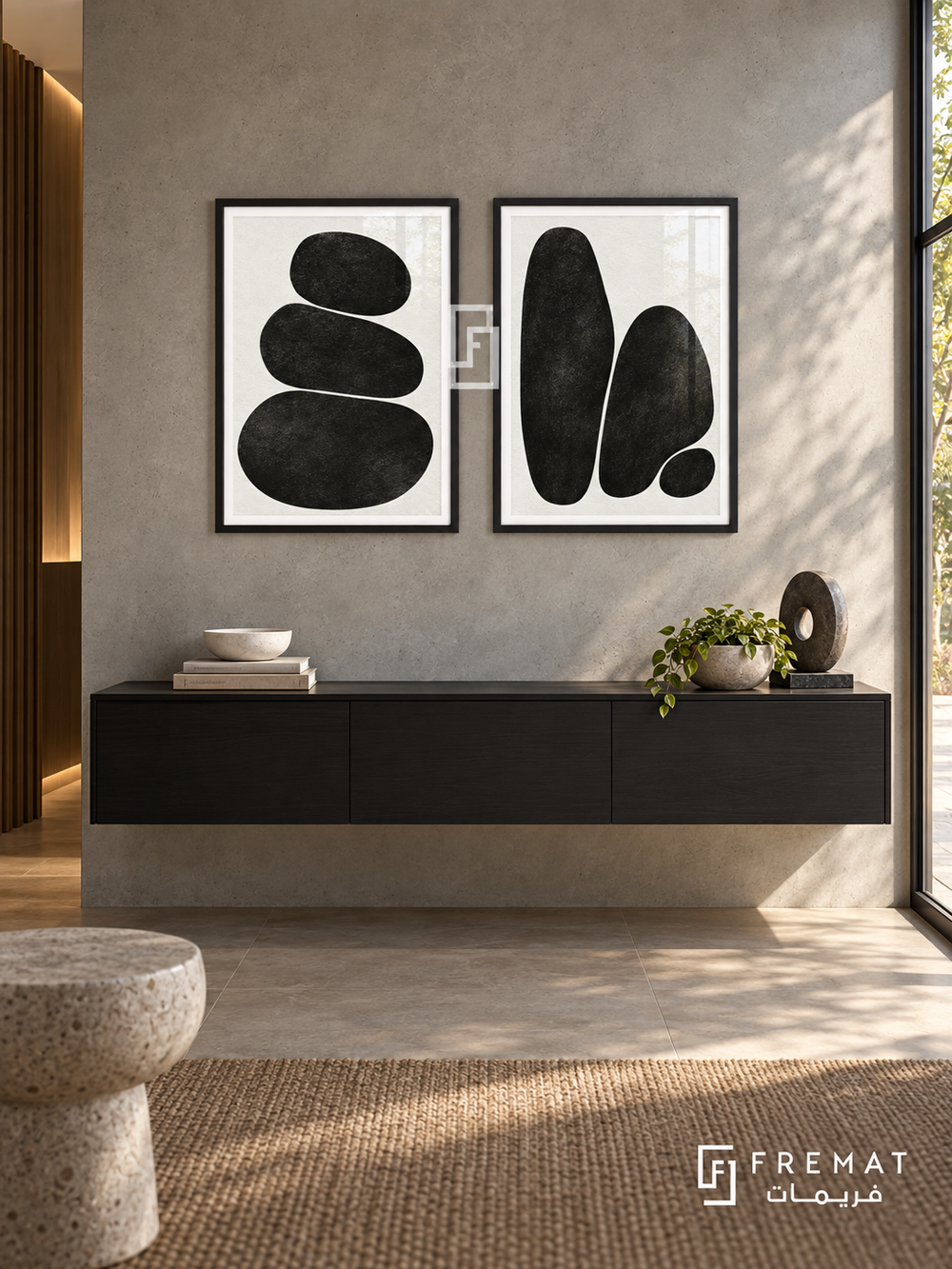 Organic Stones — set of two black-and-white artworks in Black frames.