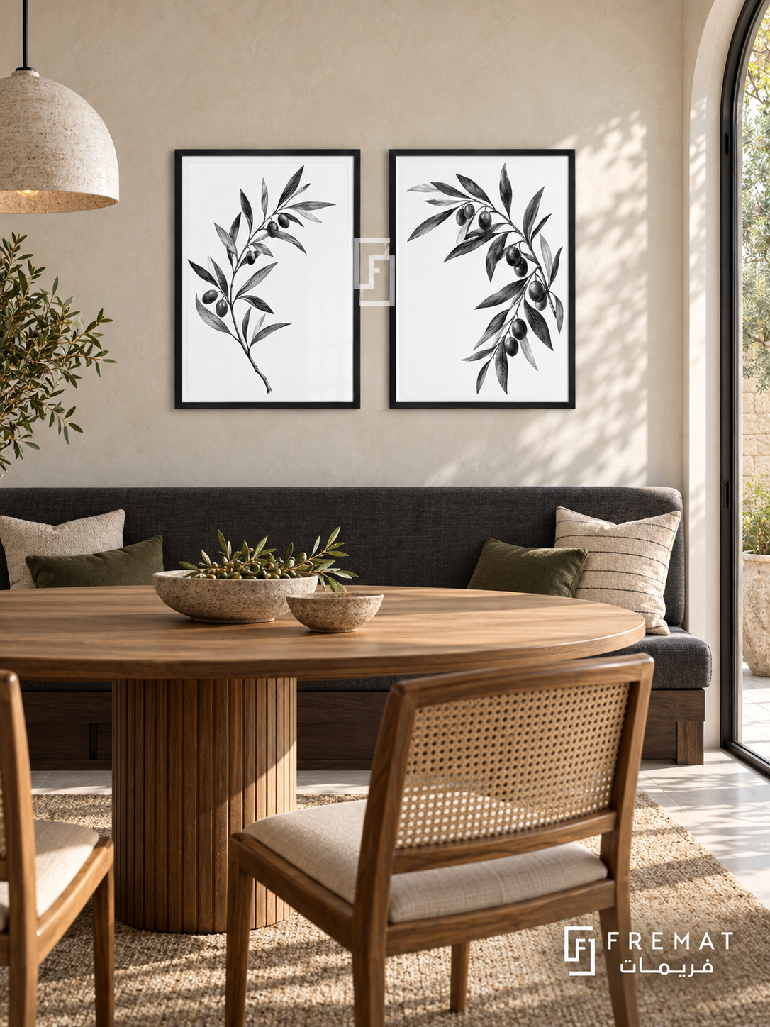 Olive Dialogue — set of two black-and-white artworks in Black frames.