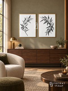 Olive Dialogue — set of two black-and-white artworks in Gold frames.