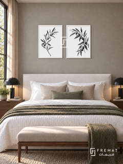 Olive Dialogue — set of two black-and-white artworks in White frames.