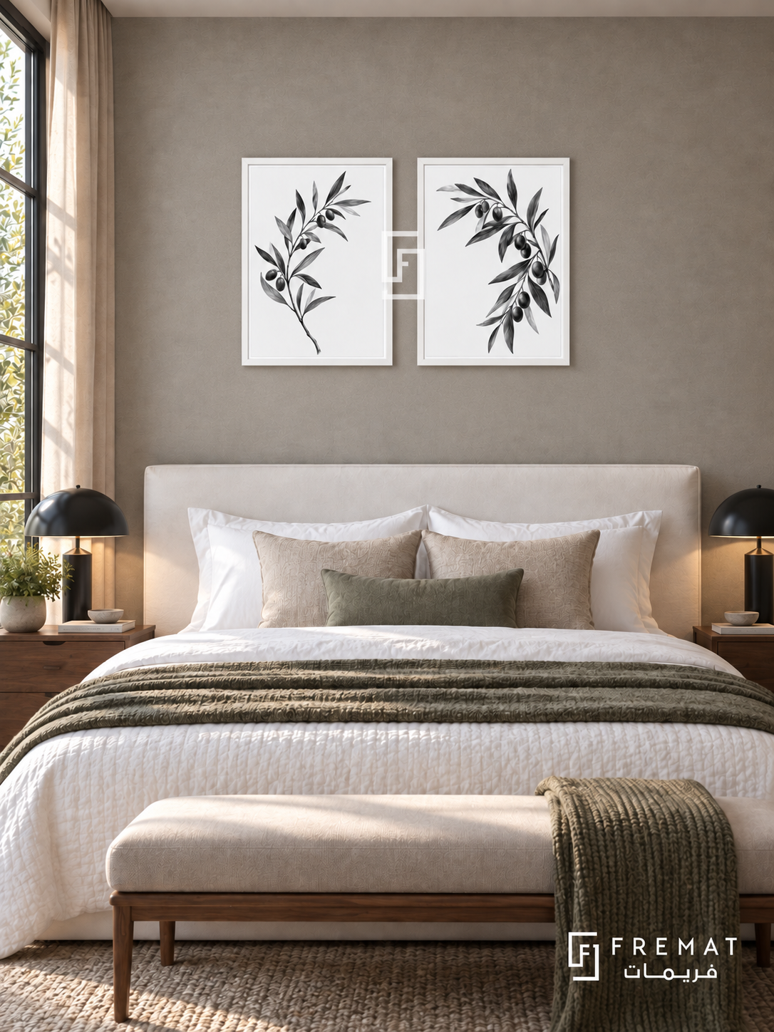 Olive Dialogue — set of two black-and-white artworks in White frames.