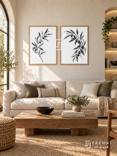 Olive Dialogue — set of two black-and-white artworks in Wooden Texture frames.