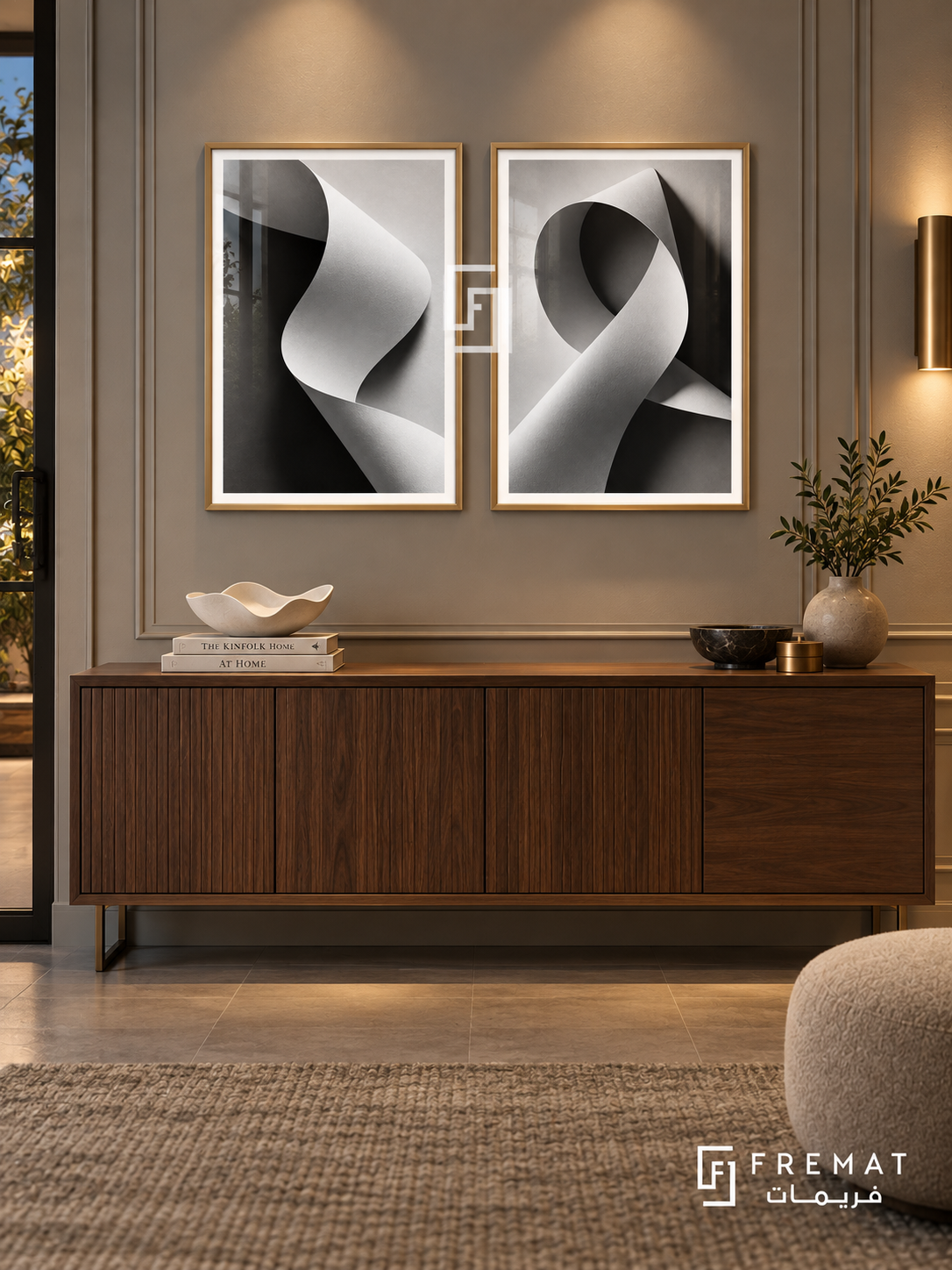 Folded Light — set of two black-and-white artworks in Gold frames.