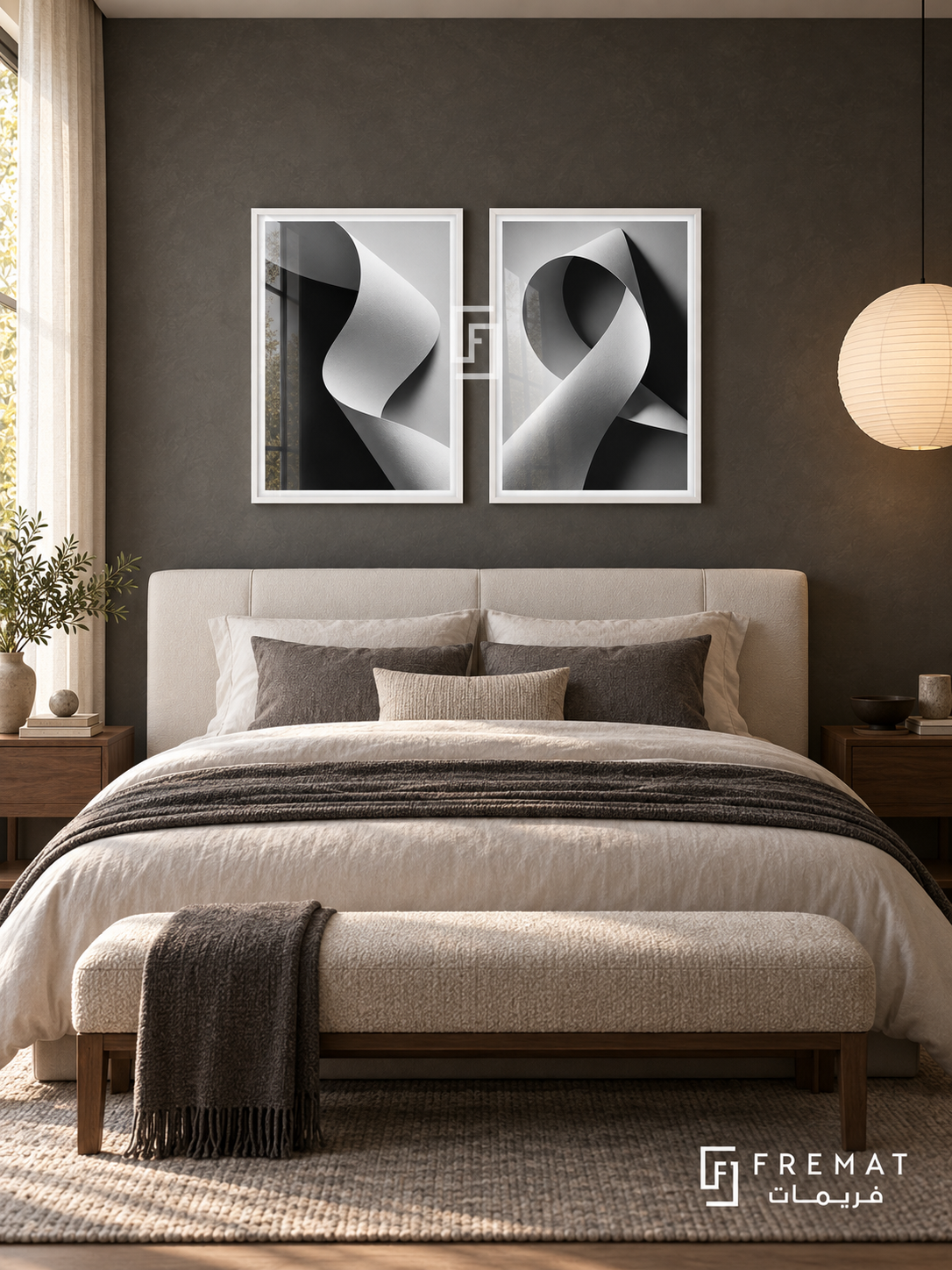 Folded Light — set of two black-and-white artworks in White frames.