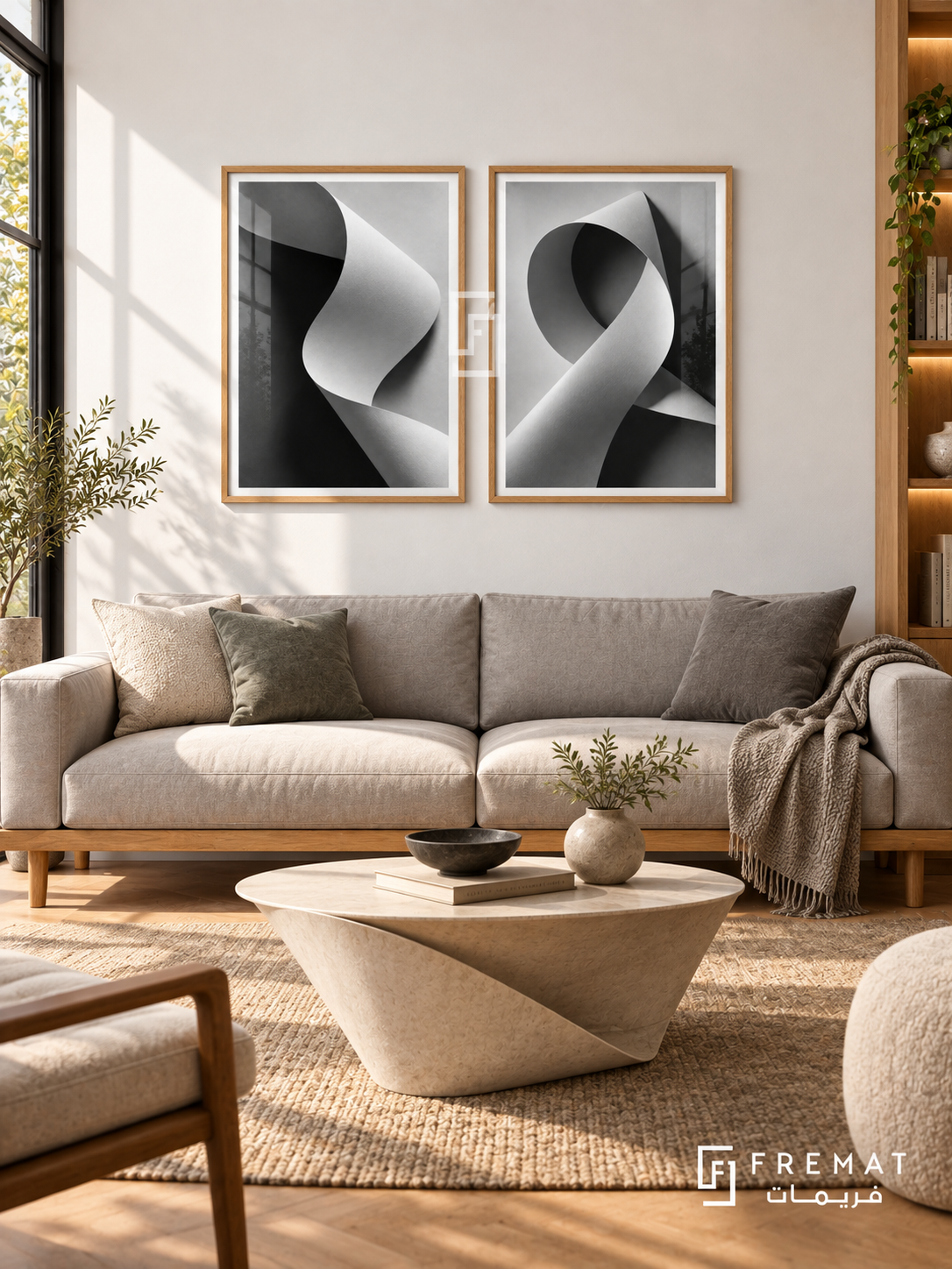 Folded Light — set of two black-and-white artworks in Wooden Texture frames.