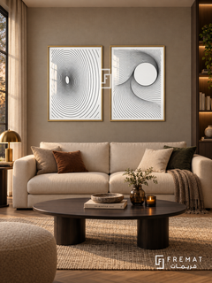 Circle Current — set of two black-and-white artworks in Gold frames.