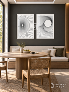 Circle Current — set of two black-and-white artworks in White frames.