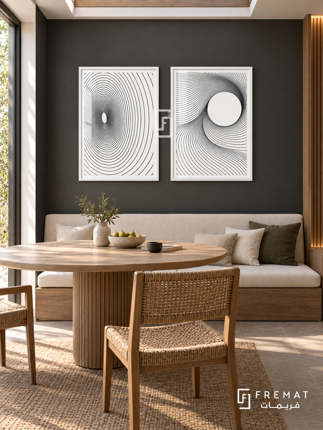 Circle Current — set of two black-and-white artworks in White frames.
