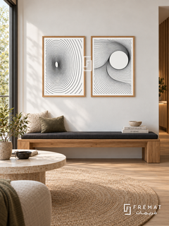 Circle Current — set of two black-and-white artworks in Wooden Texture frames.