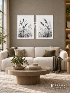 Wild Grass — set of two black-and-white artworks in White frames.