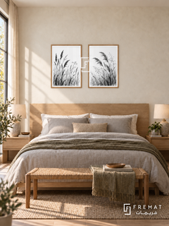 Wild Grass — set of two black-and-white artworks in Wooden Texture frames.