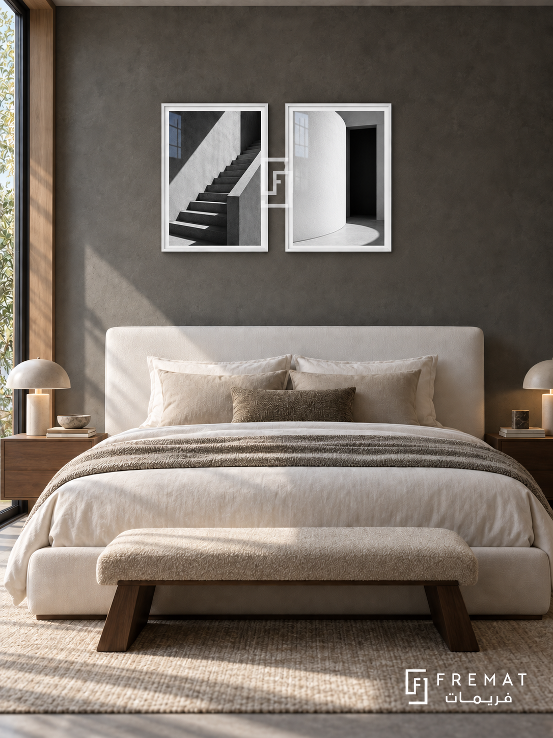Urban Stillness — set of two black-and-white artworks in White frames.