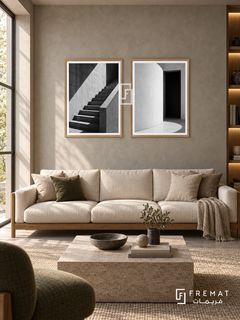 Urban Stillness — set of two black-and-white artworks in Wooden Texture frames.