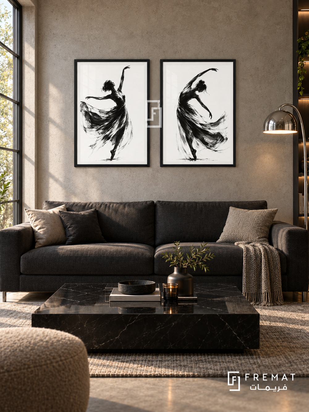 Dancing Gesture — set of two black-and-white artworks in Black frames.