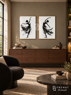 Dancing Gesture — set of two black-and-white artworks in Gold frames.
