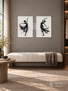 Dancing Gesture — set of two black-and-white artworks in White frames.
