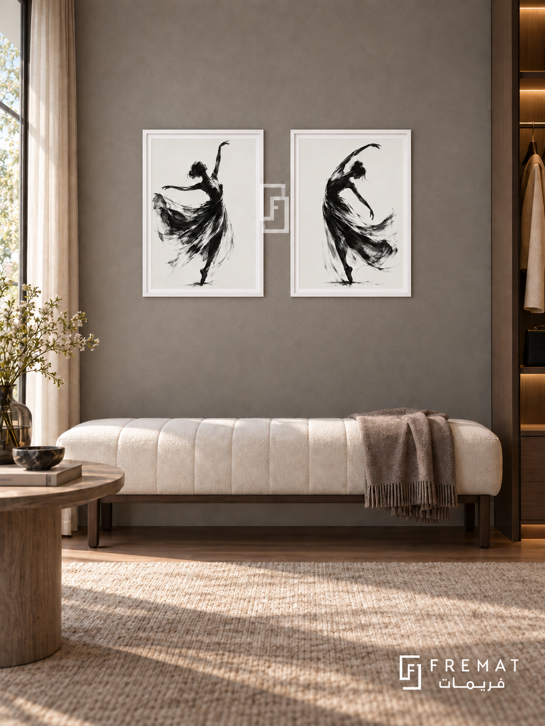 Dancing Gesture — set of two black-and-white artworks in White frames.