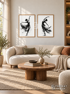 Dancing Gesture — set of two black-and-white artworks in Wooden Texture frames.
