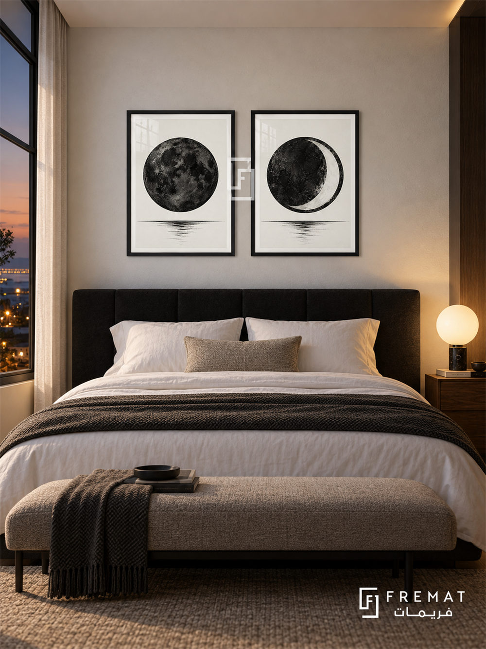 Lunar Contrast — set of two black-and-white artworks in Black frames.