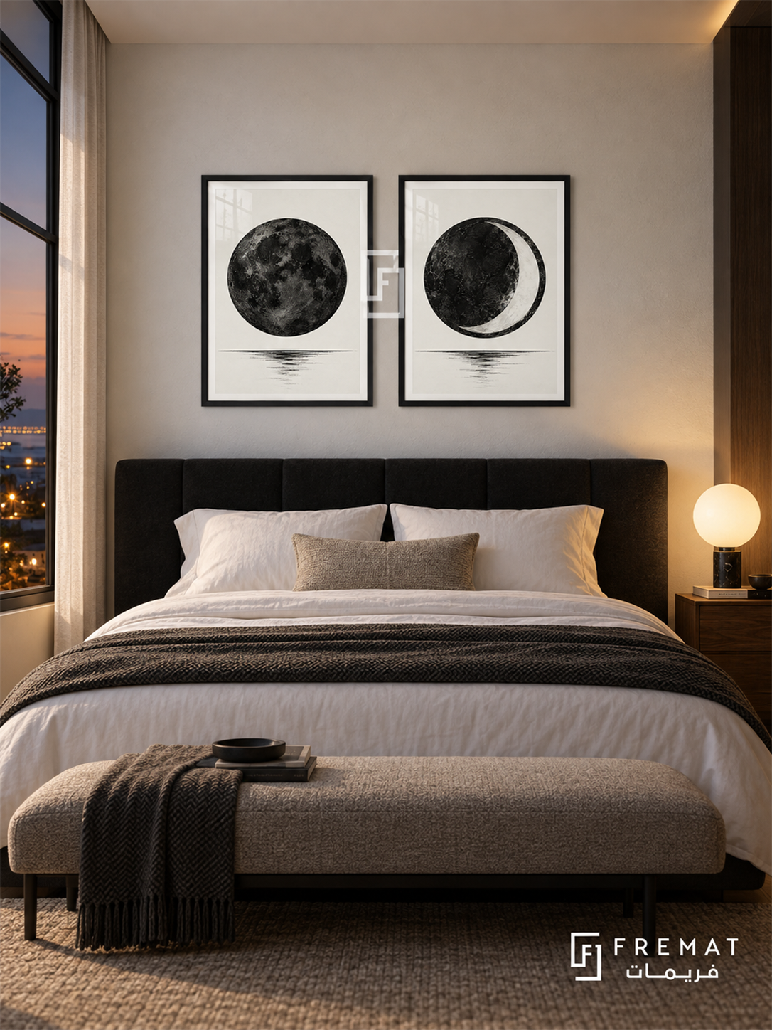 Lunar Contrast — set of two black-and-white artworks in Black frames.