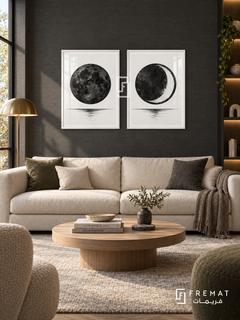 Lunar Contrast — set of two black-and-white artworks in White frames.